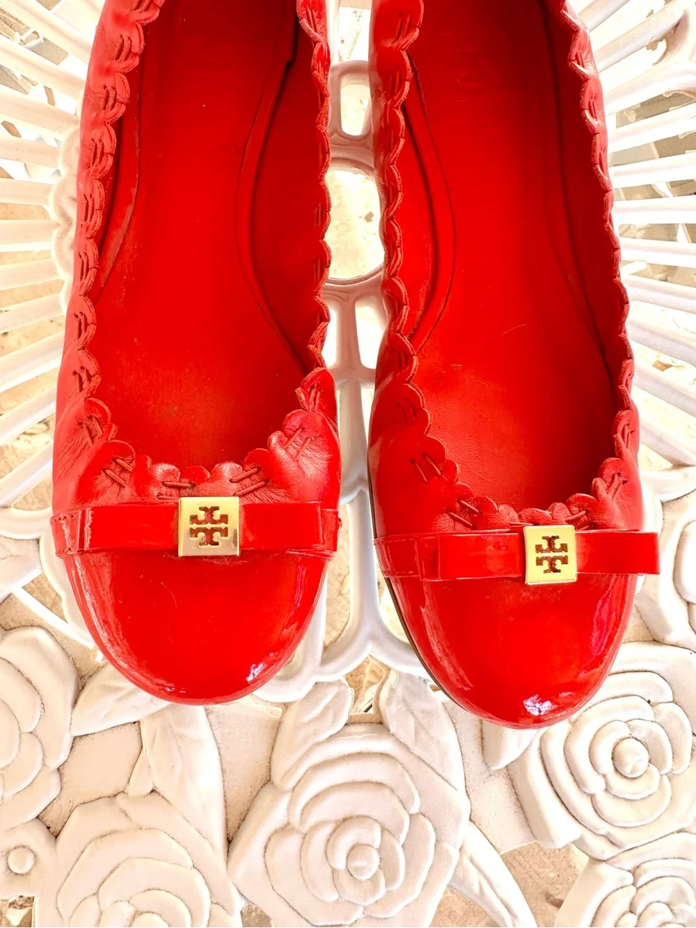 Tory Burch Red Patent Ballet Flats with Gold Logo Accent and Ruffle Trim